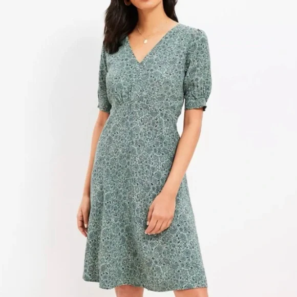 LOFT Dresses Loft Green Puff Sleeve Midi Dress Vneck Aline